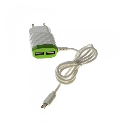 Incarcator retea cu cablu micro USB 2.1A, 2xUSB,alb cu verde